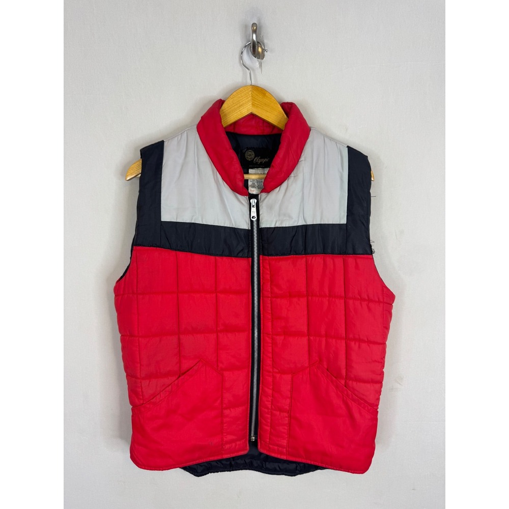 Vintage Olympic Puffer Vest Mens Medium Red White Black Colorblock Quilted Zip